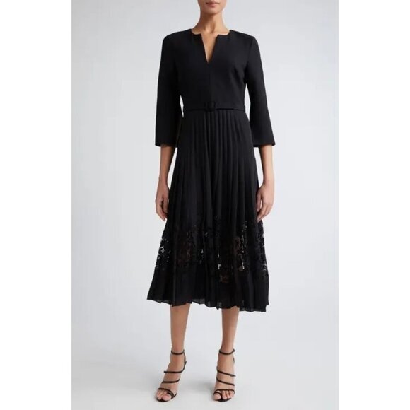 Oscar de la Renta Pleated Chiffon & Guipure Inset black Dress Size 2 - Picture 1 of 14